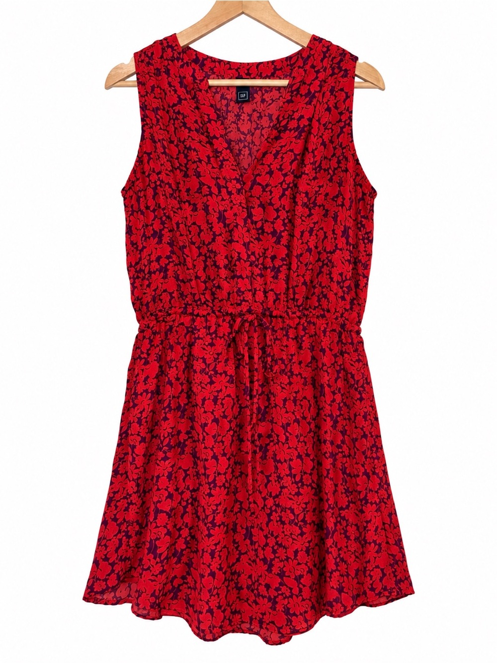 Sleeveless Red Floral Drawstring Waist Women's Petite Gap Dress